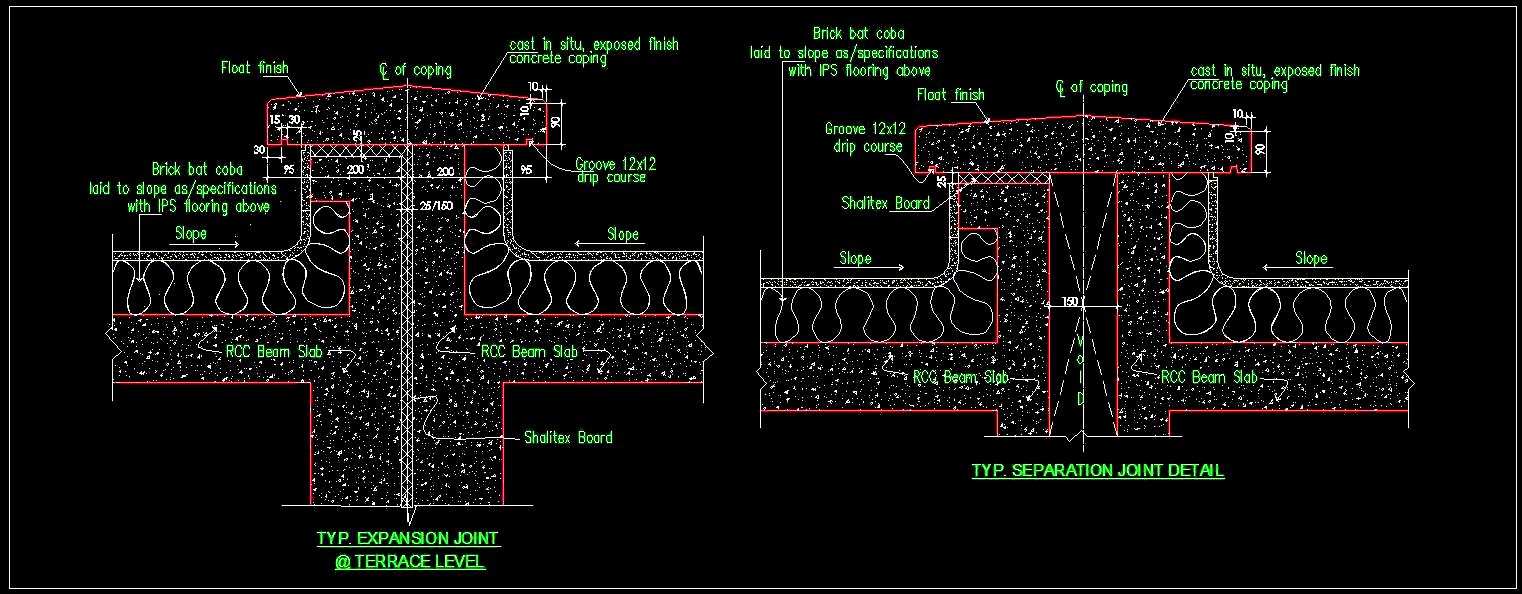 Terrace Roof Expansion Joint Detail CAD with Concrete Coping